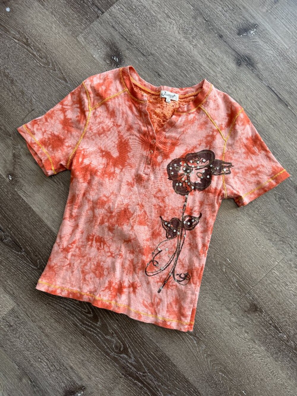 Vtg Y2K Jessica orange tie dye hippie boho sequin embellished baby tee / sz M